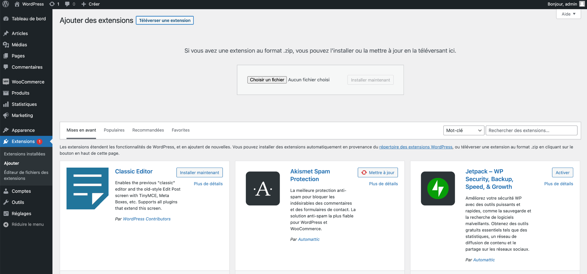 La page d'extensions de Woocommerce